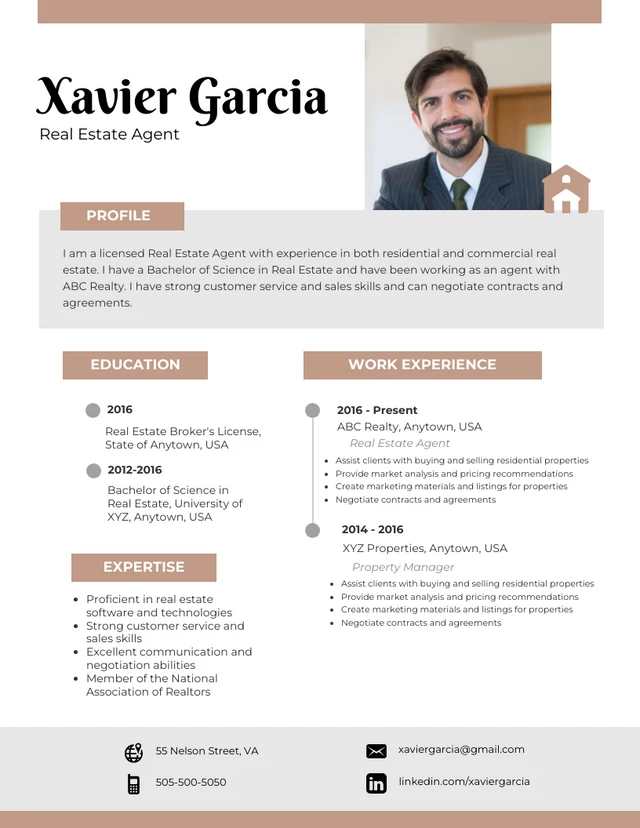 White And Brown Minimalist Professional Real Estate Resume Template
