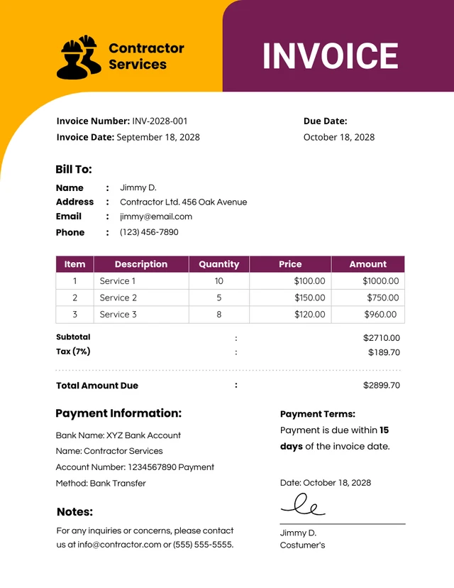 Yellow and Purple Simple Modern Contractor Invoice Template