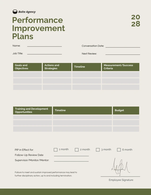 Cream Green Performance Improvement Plan Template