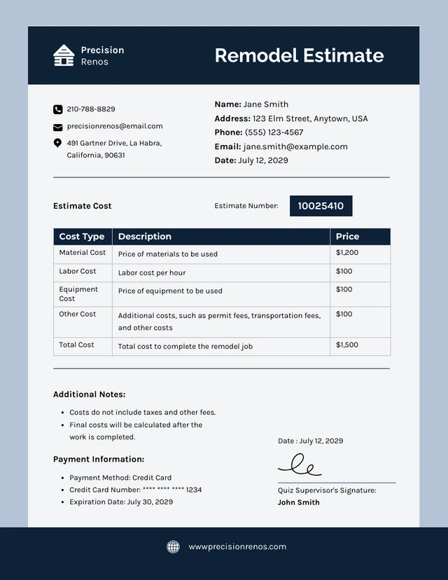 White and Dark Blue Remodel Estimate Template