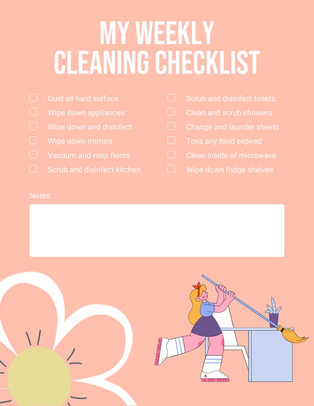 Light Pink Simple My Weekly Cleaning Checklist Template