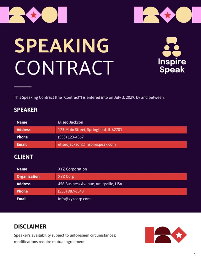 Speaking Contract Template - Page 1