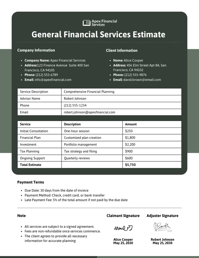 General Financial Services Estimate Template