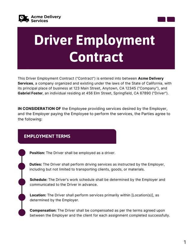 Driver Employment Contract Template - Page 1