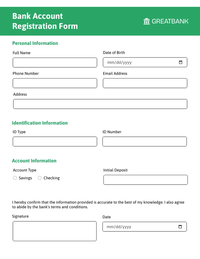 Simple Green Banking Form Template