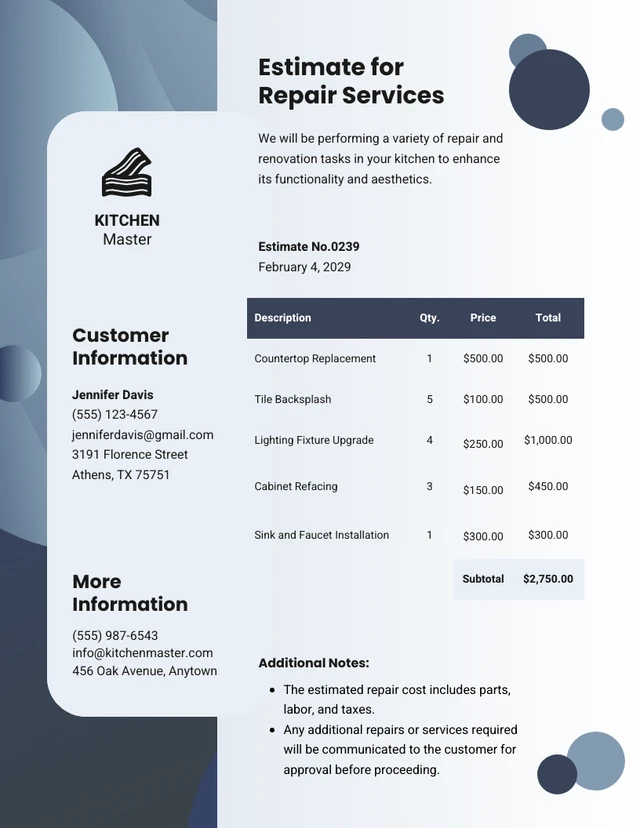 Blue and White simple Repair Estimate Template