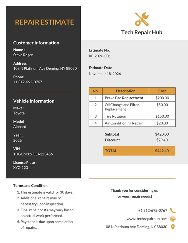 Black And Orange Minimalist Repair Estimate Template