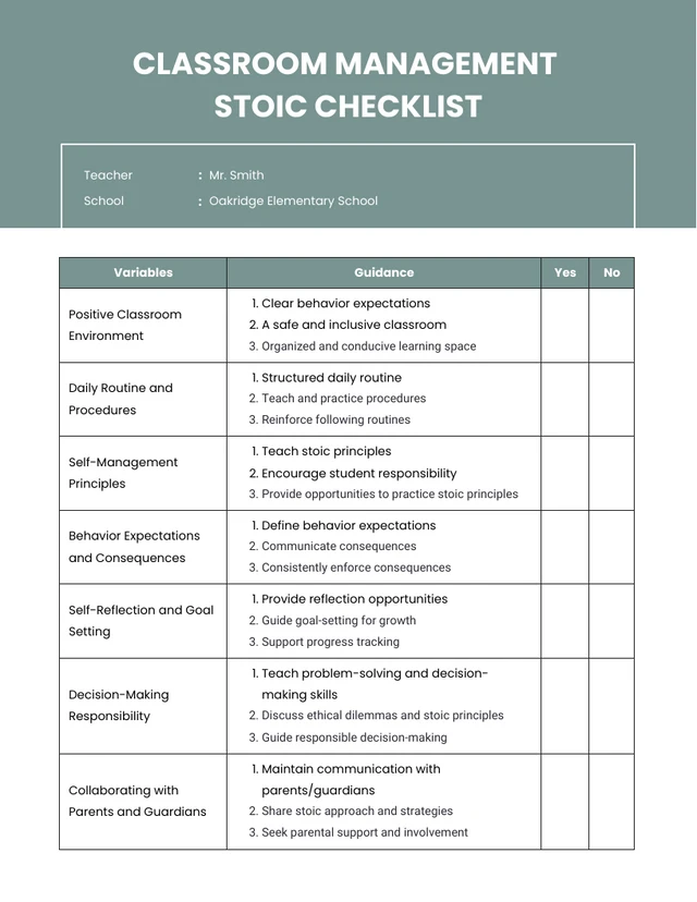 Grayish Blue Classroom Management Stoic Plan Template