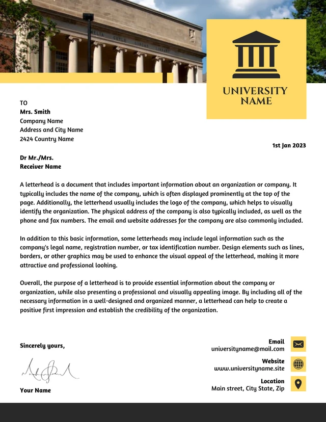 White And Yellow Modern Professional University Letterhead Template
