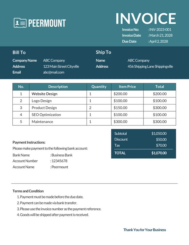 Green and Navy Minimalist Business Invoice Template