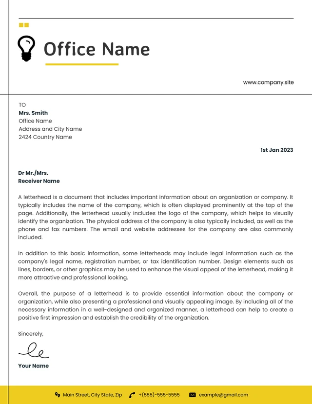 White And Yellow Simple Professional Office Letterhead Template
