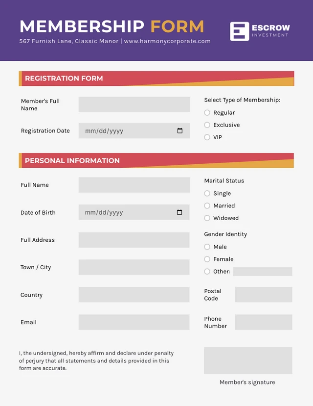 Purple and Red Minimalist Membership Form Template