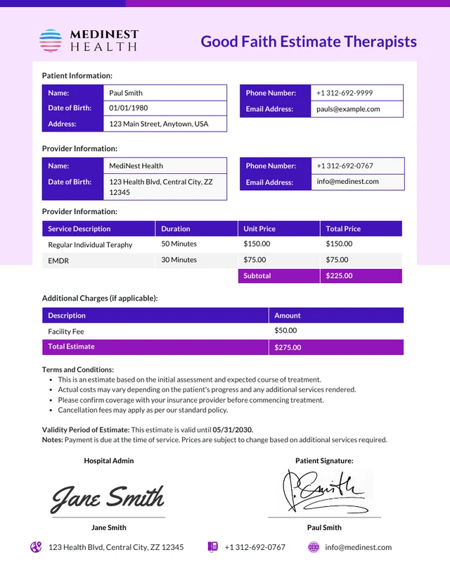 Good Faith Estimate Template For Therapists