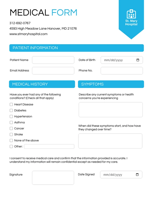 Modern Blue and White Medical Form Template