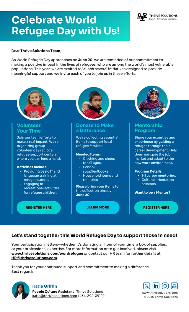 Company Initiatives to Support Refugees Charity Email Newsletter Template