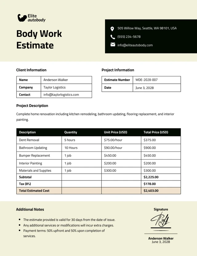 Body Work Estimate Template