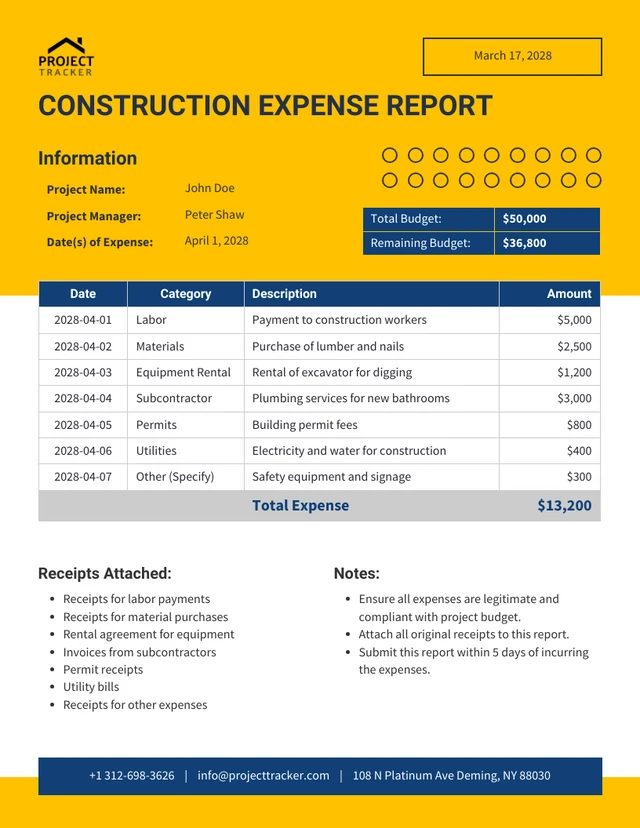 Construction Expense Report Template