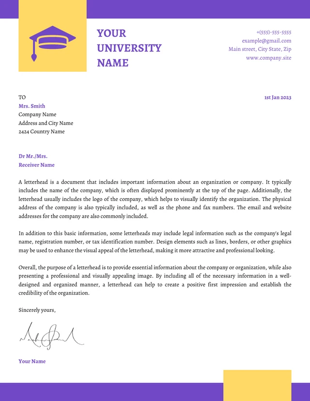 White Purple And Yellow Minimalist University Letterhead Template
