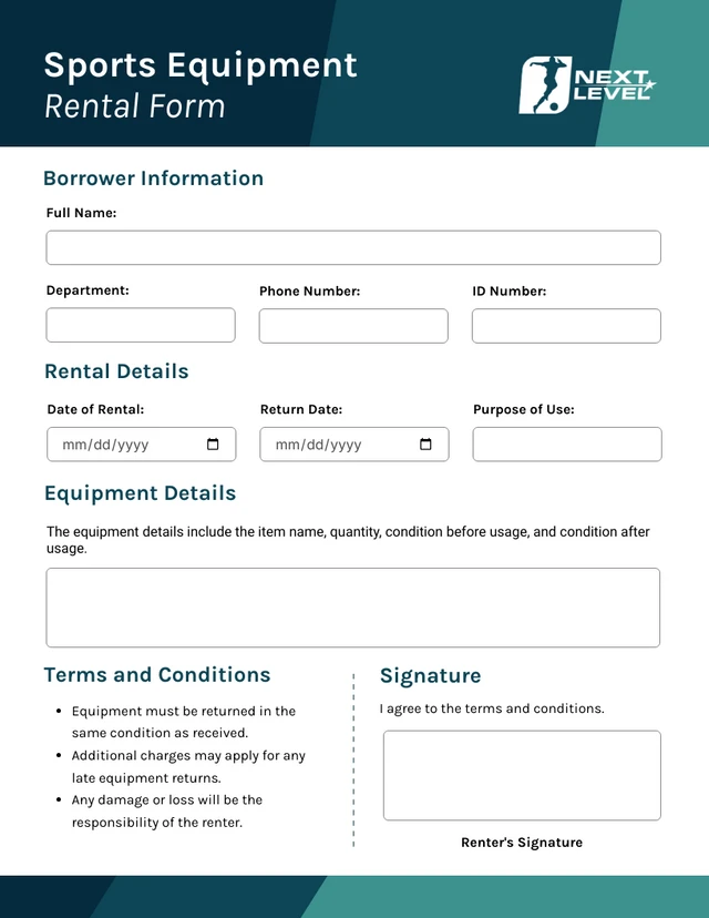 Equipment Rental Form Template