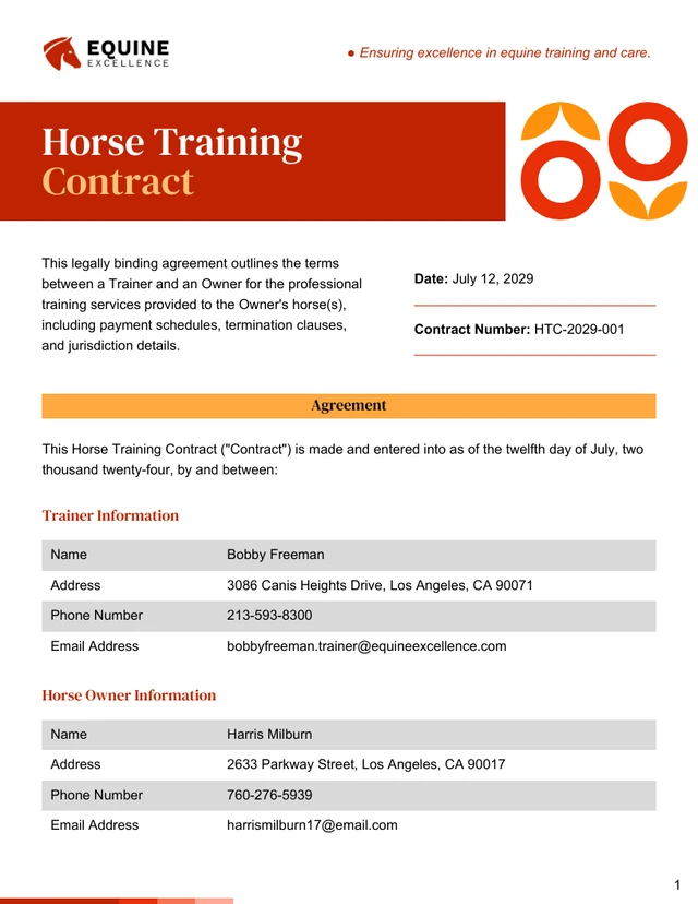 Horse Training Contract Template - Page 1