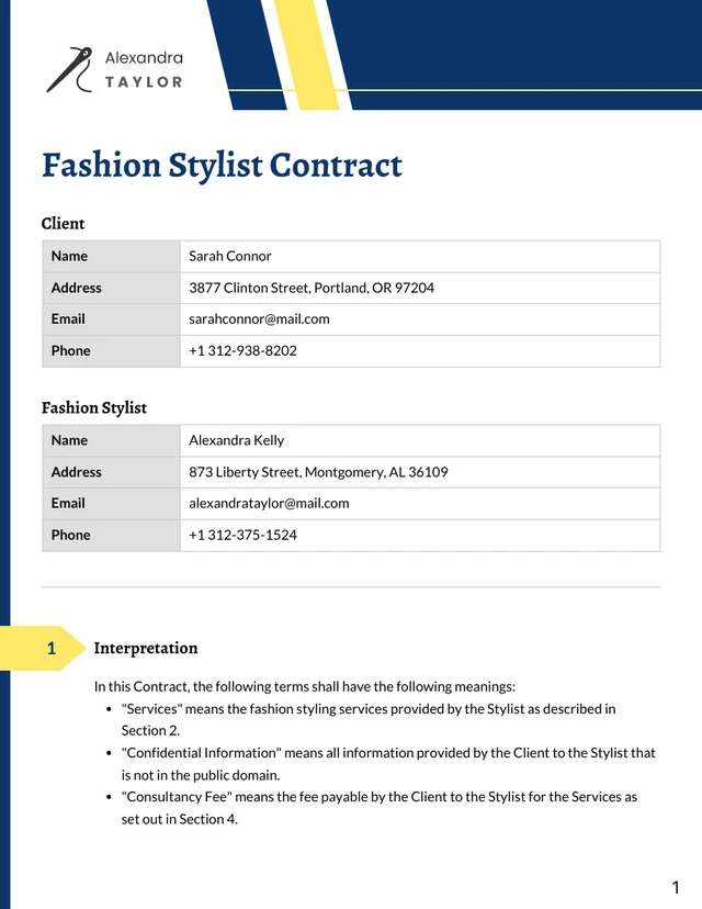 Fashion Stylist Contract Template - Page 1