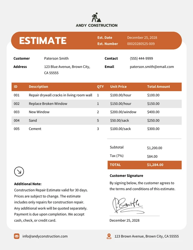 Construction Repair Estimate Template