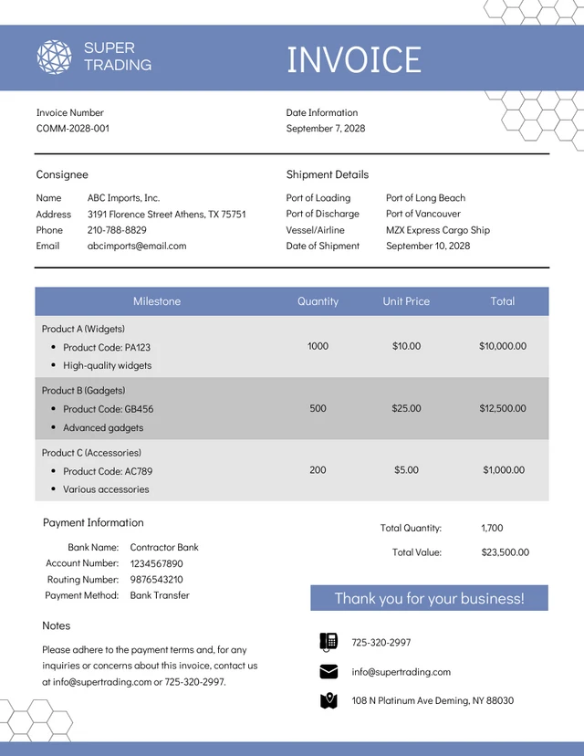 Simple Glaucous Commercial Invoice Template