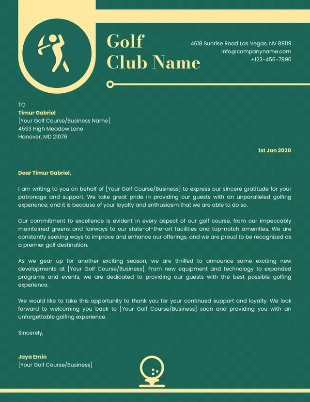 Green And Yellow Classic Business Golf Club Letterhead
