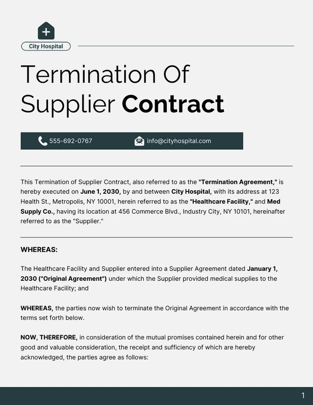 Termination Of Supplier Contract Template - Page 1