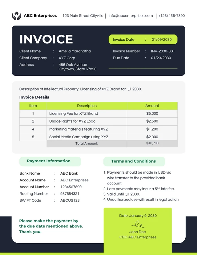 Intellectual Property Royalty Invoice Template