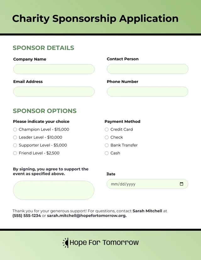 Gradient Green And Black Simple Sponsorship Form Template