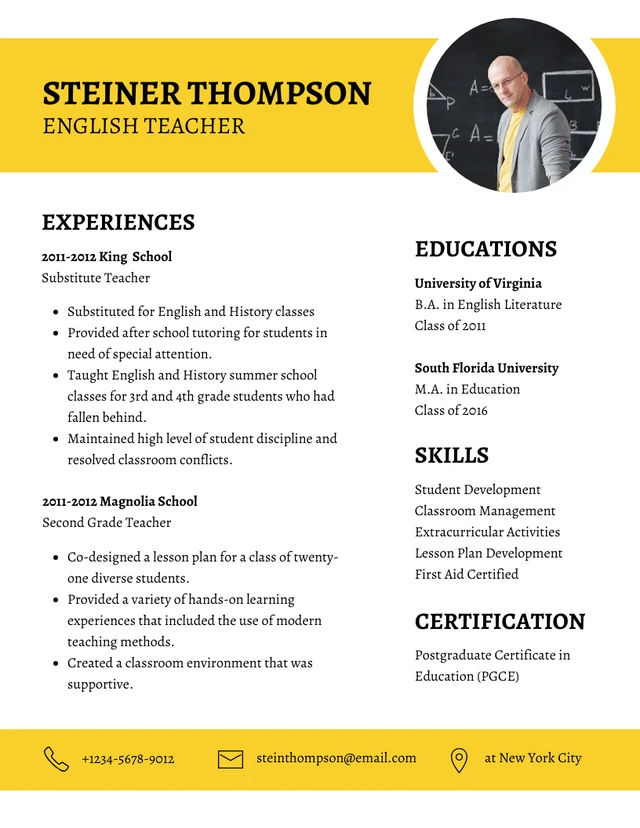 White And Yellow Professional Elegant English Teacher Resume Template
