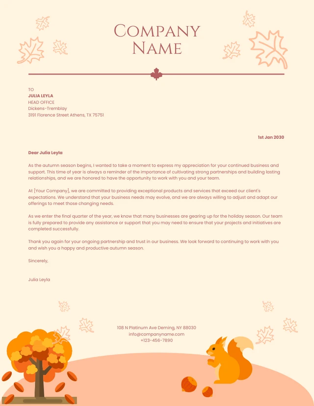 Beige And Light Orange Modern Illustration Business Autumn Letterhead
