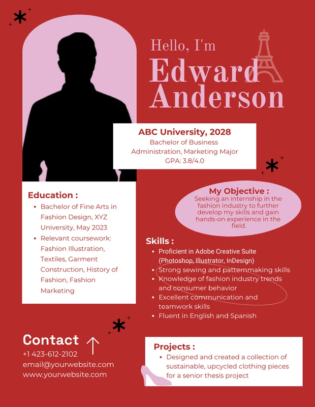 Red Pink and White Fashion College Student Resume Template
