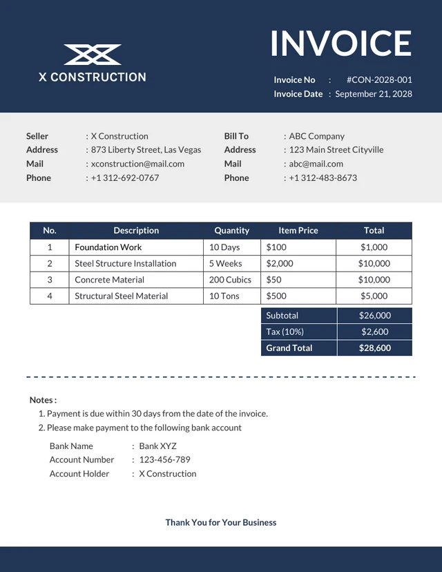 Blue Minimalist Construction Invoice Template