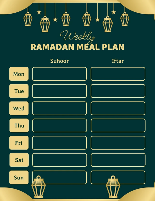 Green And Gold Modern Weekly Ramadan Meal Plan Schedule Template