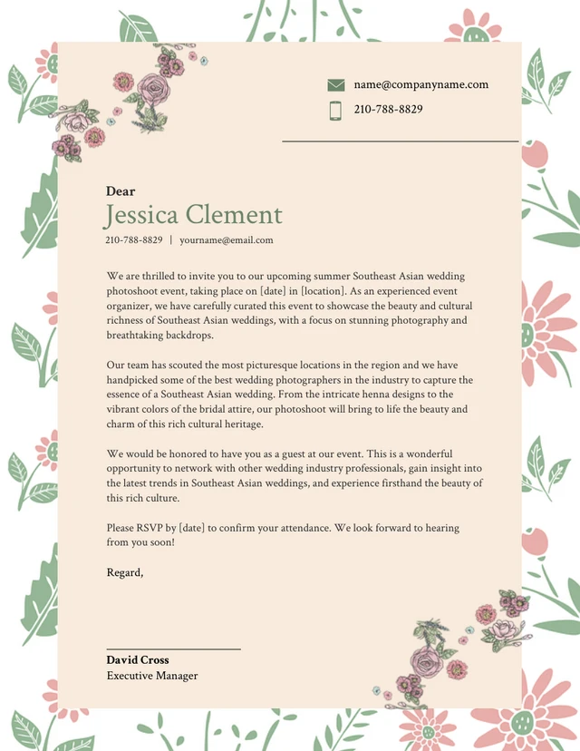 Green And Pink Cream Flower Letterhead Invitation
