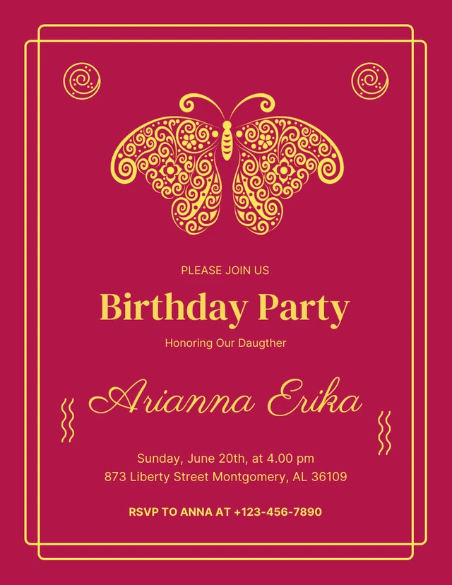 Magenta And Yellow Simple Classic Butterfly Birthday Party Invitation Template