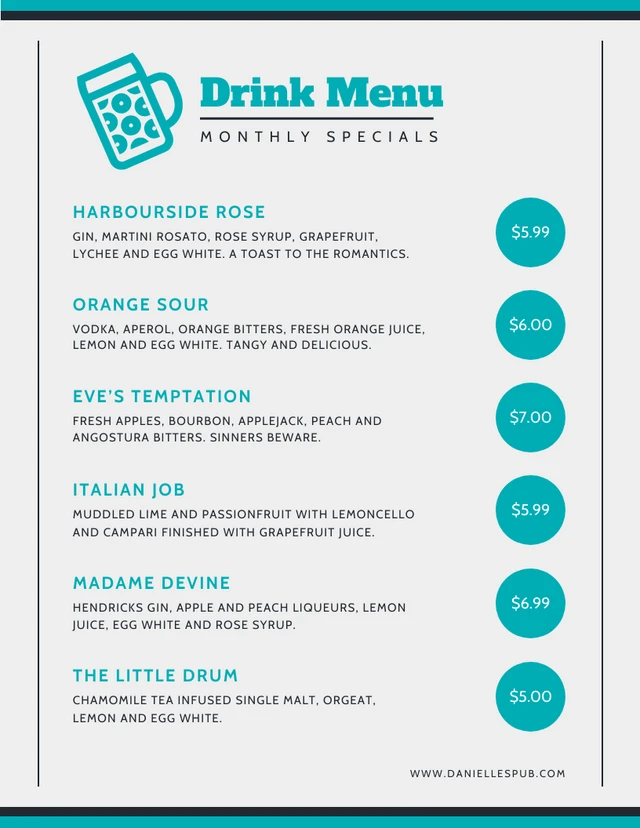 Light Grey And Teal Minimalist Pub Drink Menu Template