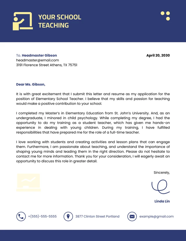 Yellow And Navy Minimalist Business Teacher Letterhead
