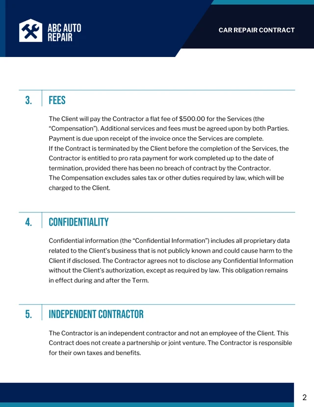 Car Repair Contract Template - Page 2