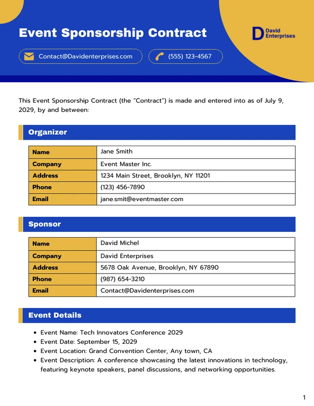 Event Sponsorship Contract Template - Page 1