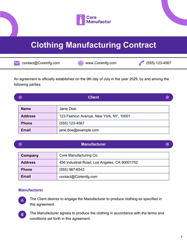 Clothing Manufacturing Contract Template - Page 1