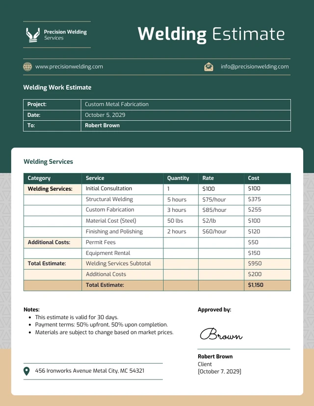 Welding Estimate Template