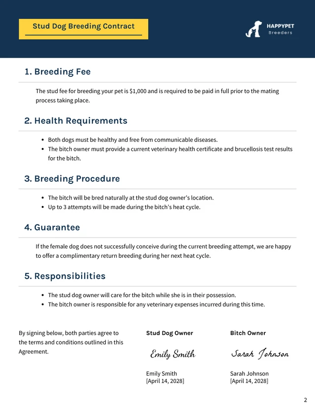 Stud Dog Breeding Contract Template - Page 2