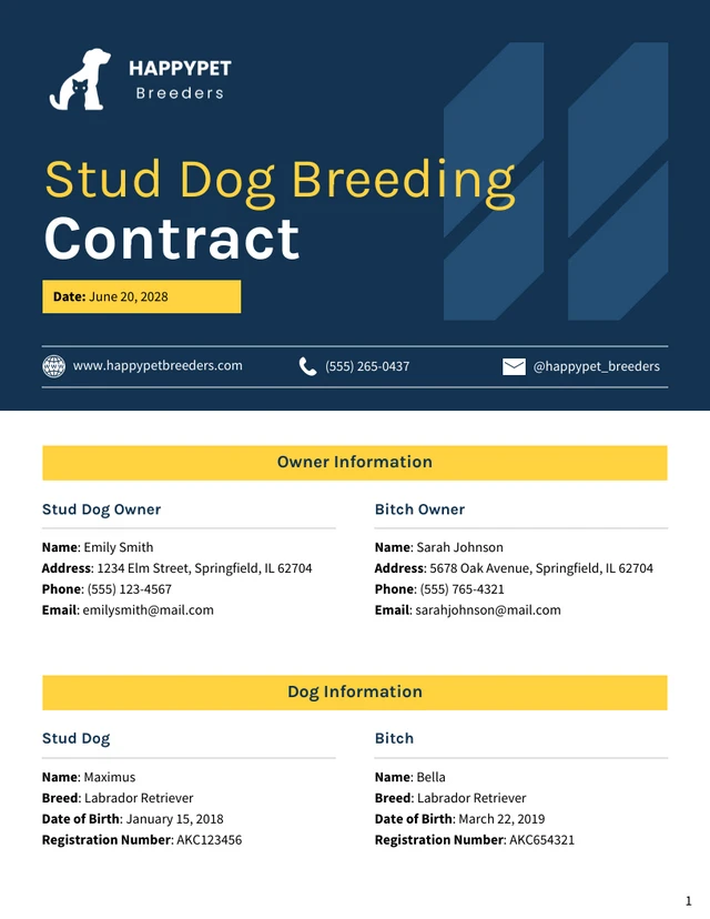 Stud Dog Breeding Contract Template - Page 1