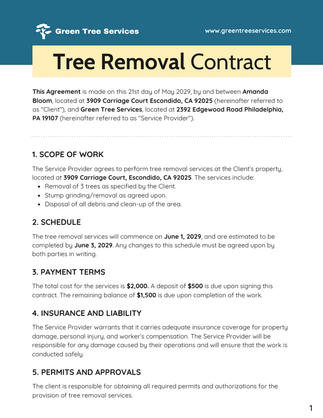 Tree Removal Contract Template - Page 1