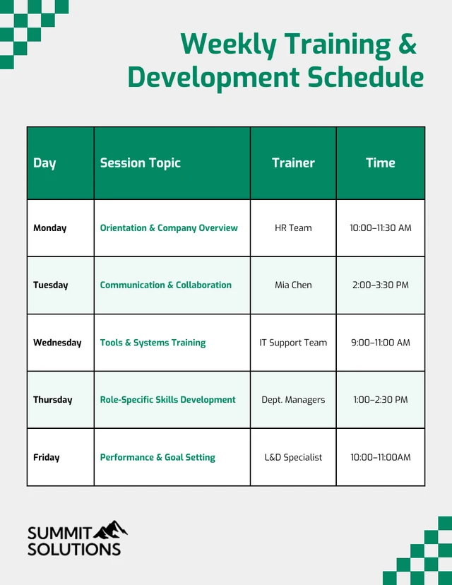 Weekly Training Schedule Table Chart Template Weekly Training Schedule Table Chart Template