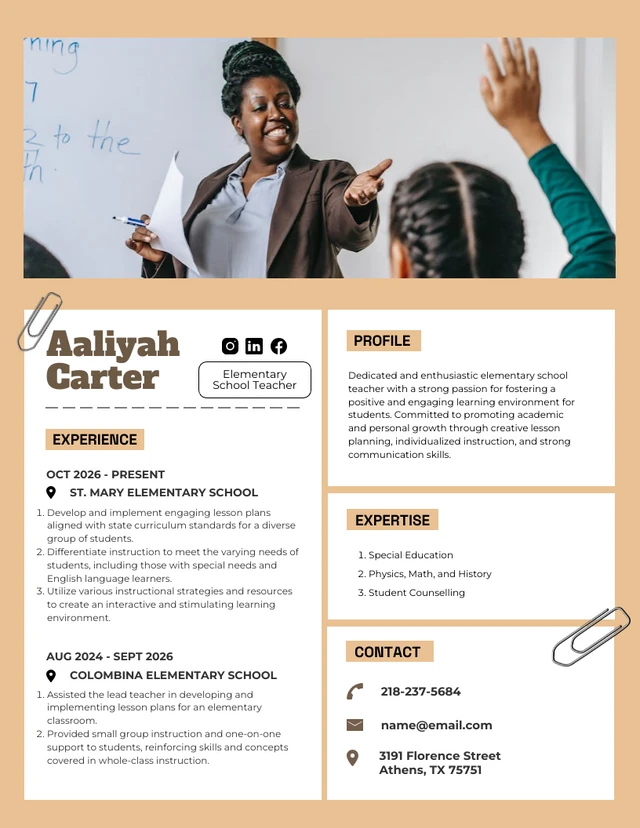 Brown Academic File Elementary School Teacher Resume Template