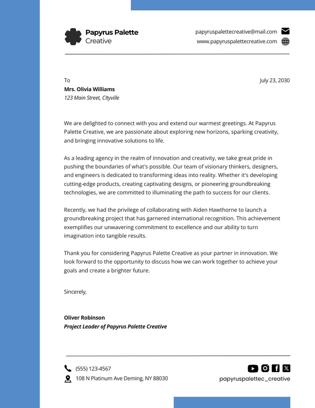 Minimalist White and Blue Creative Letterhead Template